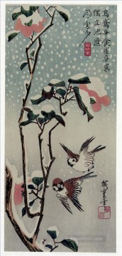 雪の中の雀と椿 1838年 歌川広重 鳥 Oil Paintings